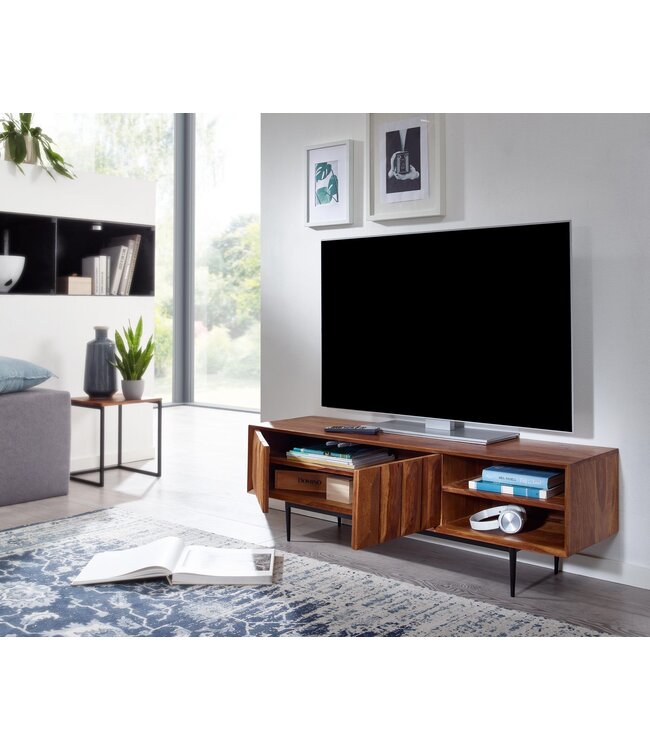 Wohnling HiFi Lowboard Massief Sheesham-Hout TV-Dressoir 123x42x35 cm met twee Deuren | TV-Meubel Hoog | TV-Tafel TV-Bord Woonkamer Modern