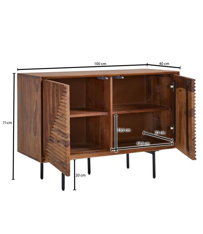 Wohnling dressoir 100x71x40 cm massief sheeshamhout / metalen dressoir | ladekast met twee deuren | Dressoirkast hout modern | Staande kast woonkamer