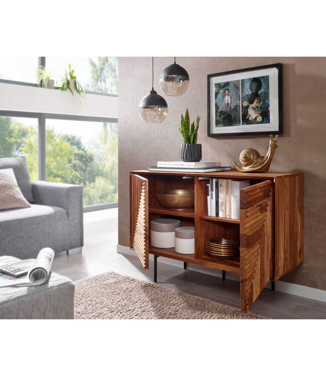 Wohnling dressoir 100x71x40 cm massief sheeshamhout / metalen dressoir | ladekast met twee deuren | Dressoirkast hout modern | Staande kast woonkamer