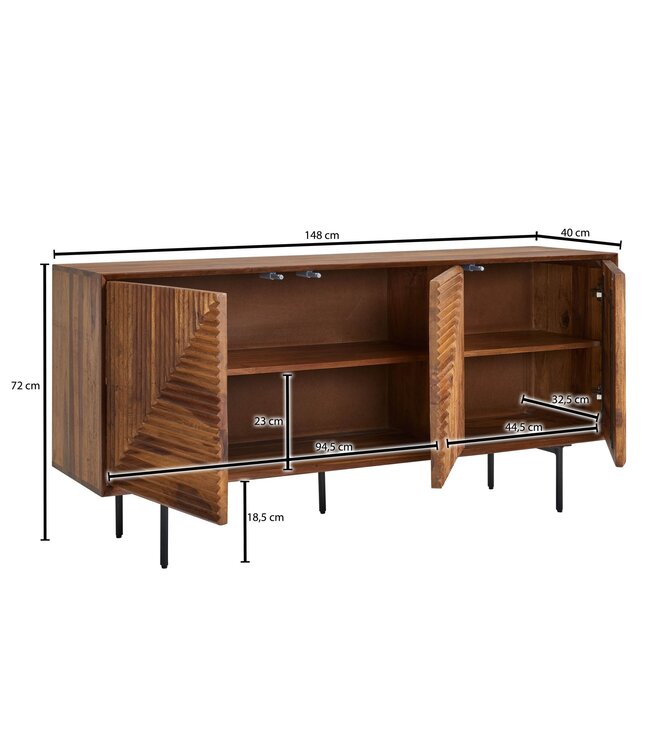 Wohnling dressoir 148x72x40 cm massief sheeshamhout / metalen dressoir | ladekast met drie deuren | Dressoirkast hout modern | Staande kast woonkamer