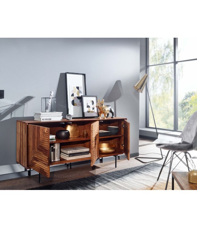 Wohnling dressoir 148x72x40 cm massief sheeshamhout / metalen dressoir | ladekast met drie deuren | Dressoirkast hout modern | Staande kast woonkamer