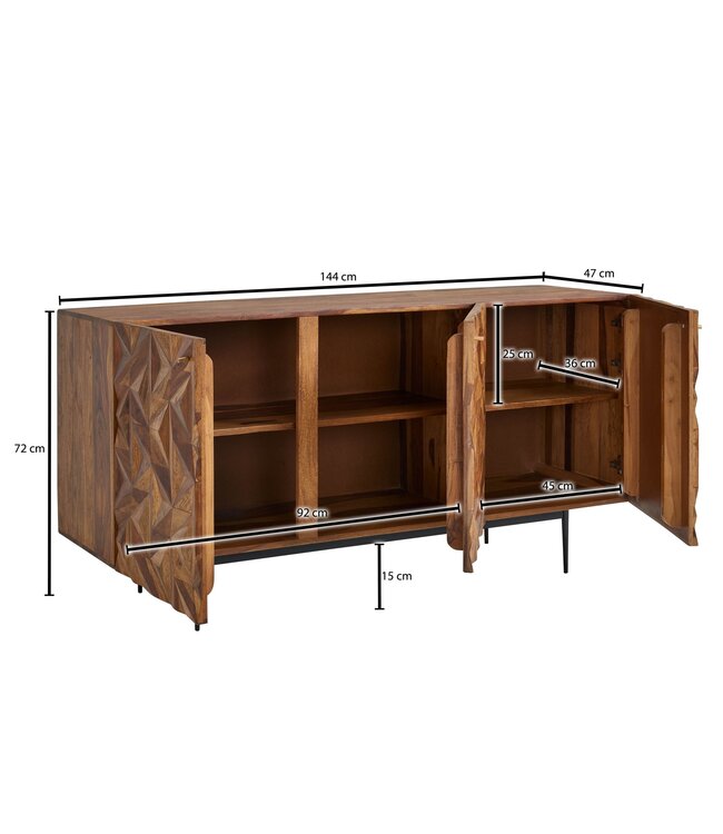 Wohnling dressoir 144x72x47 cm massief sheeshamhout / metalen dressoir | ladekast met drie deuren | Dressoirkast hout modern | Staande kast woonkamer