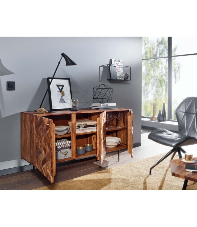 Wohnling dressoir 144x72x47 cm massief sheeshamhout / metalen dressoir | ladekast met drie deuren | Dressoirkast hout modern | Staande kast woonkamer