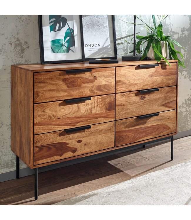 Wohnling ladekast 117x80x42 cm massief sheeshamhout / metalen ladekast | Industrieel dressoir ladekast hout modern | Staande kast dressoir woonkamer