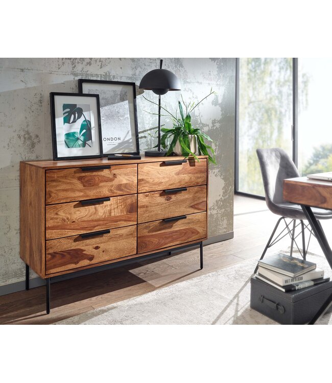 Wohnling ladekast 117x80x42 cm massief sheeshamhout / metalen ladekast | Industrieel dressoir ladekast hout modern | Staande kast dressoir woonkamer