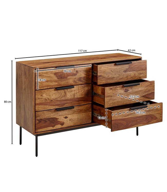 Wohnling ladekast 117x80x42 cm massief sheeshamhout / metalen ladekast | Industrieel dressoir ladekast hout modern | Staande kast dressoir woonkamer
