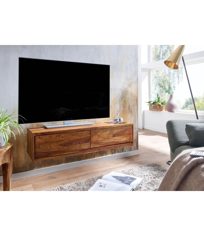 Wohnling HiFi Lowboard Hangend Sheesham Massief Hout 108x25x34 cm TV-Dressoir | Design TV-Meubel Modern | TV-Tafel Wand | TV-Bord Woonkamer