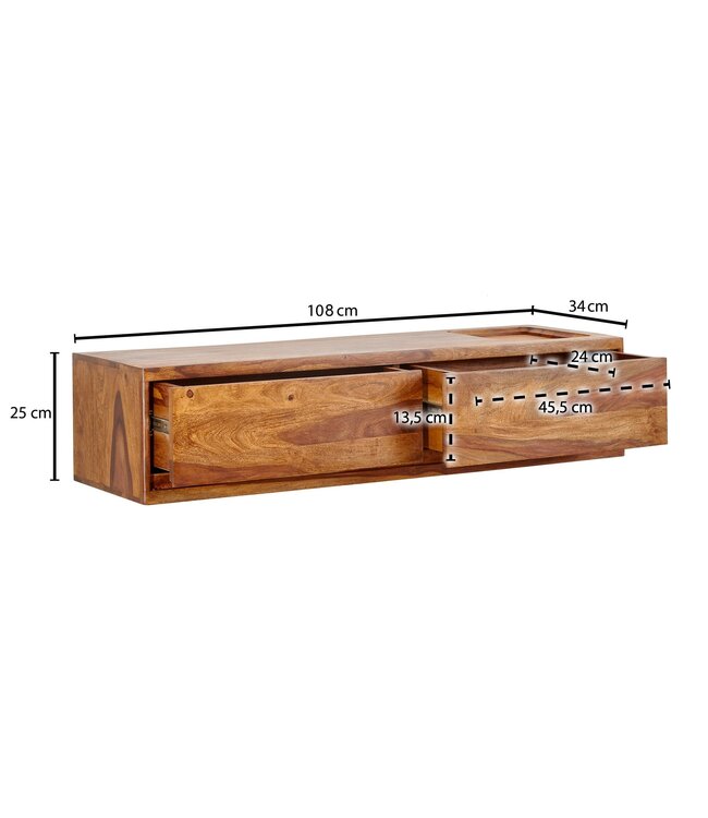 Wohnling HiFi Lowboard Hangend Sheesham Massief Hout 108x25x34 cm TV-Dressoir | Design TV-Meubel Modern | TV-Tafel Wand | TV-Bord Woonkamer