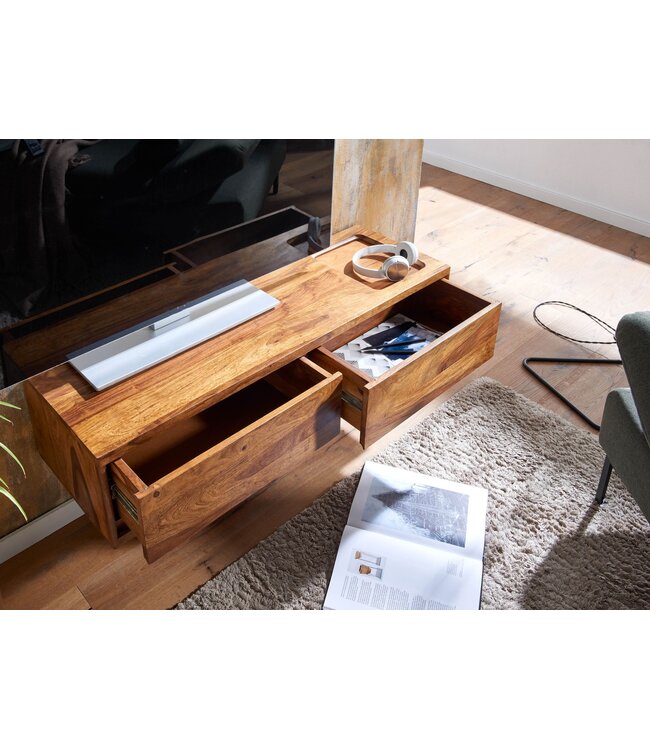 Wohnling HiFi Lowboard Hangend Sheesham Massief Hout 108x25x34 cm TV-Dressoir | Design TV-Meubel Modern | TV-Tafel Wand | TV-Bord Woonkamer