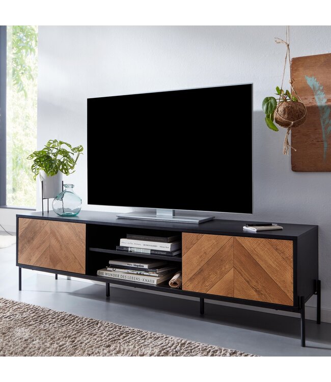 Wohnling HiFi Lowboard Hout Zwart / Eiken Decor TV-Dressoir 163x45x40 cm | TV-Meubel met 2 Deuren | TV-Tafel TV-Bord Woonkamer Modern