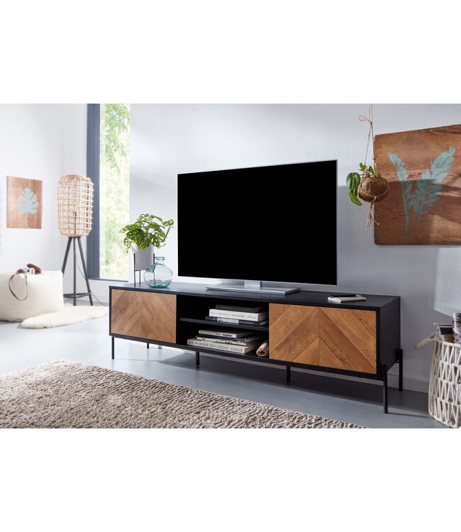 Wohnling HiFi Lowboard Hout Zwart / Eiken Decor TV-Dressoir 163x45x40 cm | TV-Meubel met 2 Deuren | TV-Tafel TV-Bord Woonkamer Modern