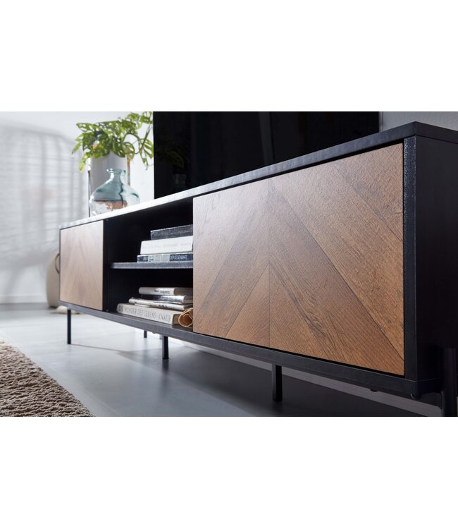 Wohnling HiFi Lowboard Hout Zwart / Eiken Decor TV-Dressoir 163x45x40 cm | TV-Meubel met 2 Deuren | TV-Tafel TV-Bord Woonkamer Modern