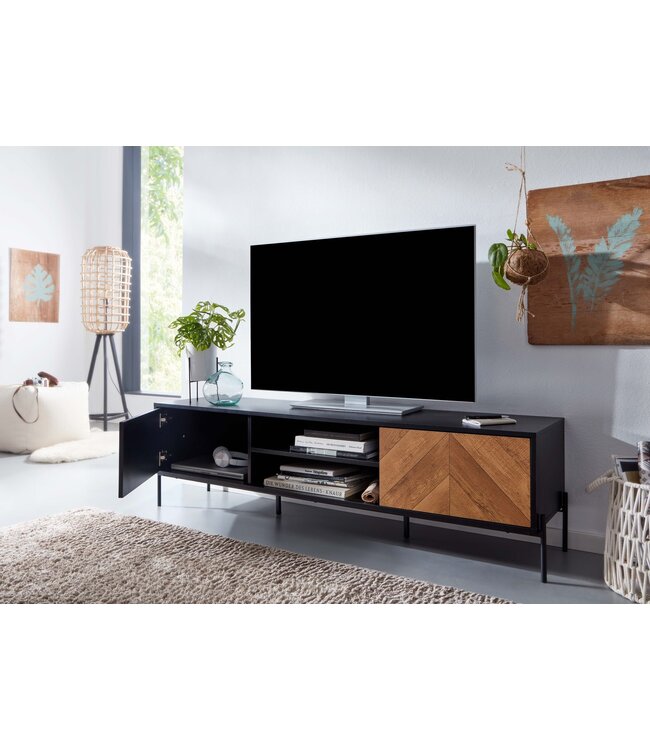 Wohnling HiFi Lowboard Hout Zwart / Eiken Decor TV-Dressoir 163x45x40 cm | TV-Meubel met 2 Deuren | TV-Tafel TV-Bord Woonkamer Modern