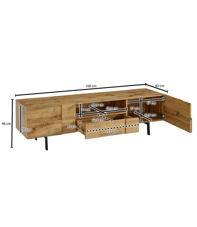 Wohnling lowboard hout eiken decor 160x46x43 cm TV-dressoir met 2 deuren | Design TV meubel hoog | TV meubel TV meubel modern | TV dressoir woonkamer