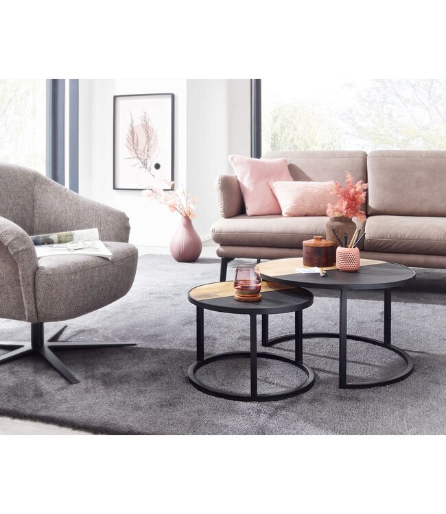 Wohnling salontafel set van 2 massief mangohout / steenlook salontafel rond modern | Design bijzettafel 2 delig | Ronde salontafels | Houten tafel metalen bijzettafels