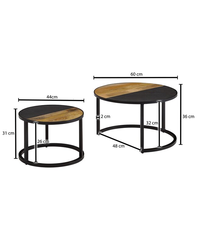 Wohnling salontafel set van 2 massief mangohout / steenlook salontafel rond modern | Design bijzettafel 2 delig | Ronde salontafels | Houten tafel metalen bijzettafels