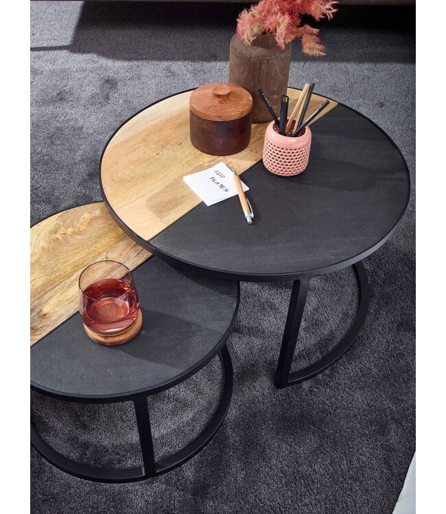 Wohnling salontafel set van 2 massief mangohout / steenlook salontafel rond modern | Design bijzettafel 2 delig | Ronde salontafels | Houten tafel metalen bijzettafels