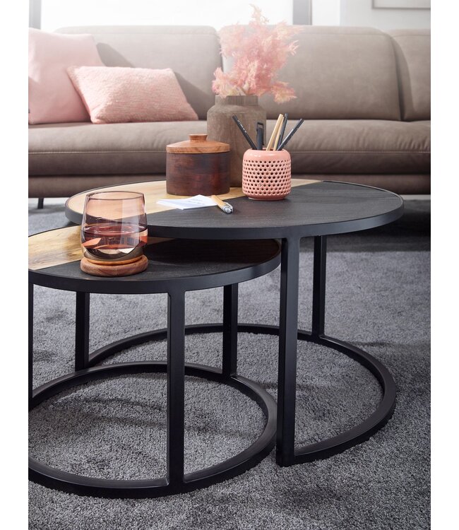 Wohnling salontafel set van 2 massief mangohout / steenlook salontafel rond modern | Design bijzettafel 2 delig | Ronde salontafels | Houten tafel metalen bijzettafels