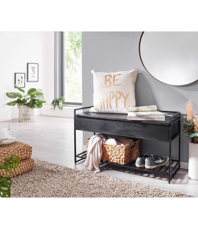Wohnling Bank met Opbergruimte 90x52x38 cm Mango Massief Hout / Metalen Zwart | Gangbank Schoenenbank met Zitje Klein | Smalle Garderobebank met Schoenenrek
