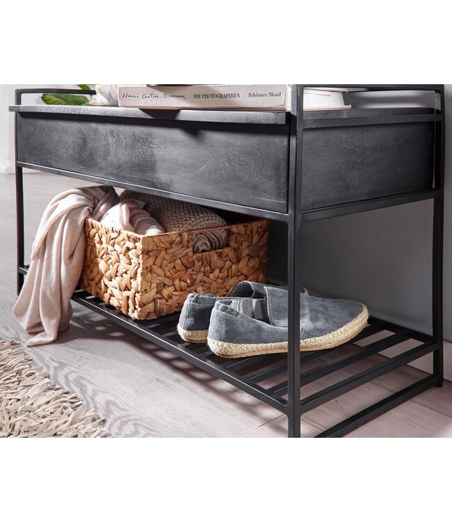 Wohnling Bank met Opbergruimte 90x52x38 cm Mango Massief Hout / Metalen Zwart | Gangbank Schoenenbank met Zitje Klein | Smalle Garderobebank met Schoenenrek