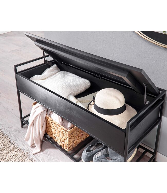 Wohnling Bank met Opbergruimte 90x52x38 cm Mango Massief Hout / Metalen Zwart | Gangbank Schoenenbank met Zitje Klein | Smalle Garderobebank met Schoenenrek