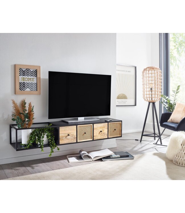 Wohnling HiFi Lowboard Hangend Mango Massief Hout / Metaal 150x25x35 cm TV-Dressoir Zwart | Design TV-Meubel Modern | TV-Tafel Wand | TV-Bord Woonkamer