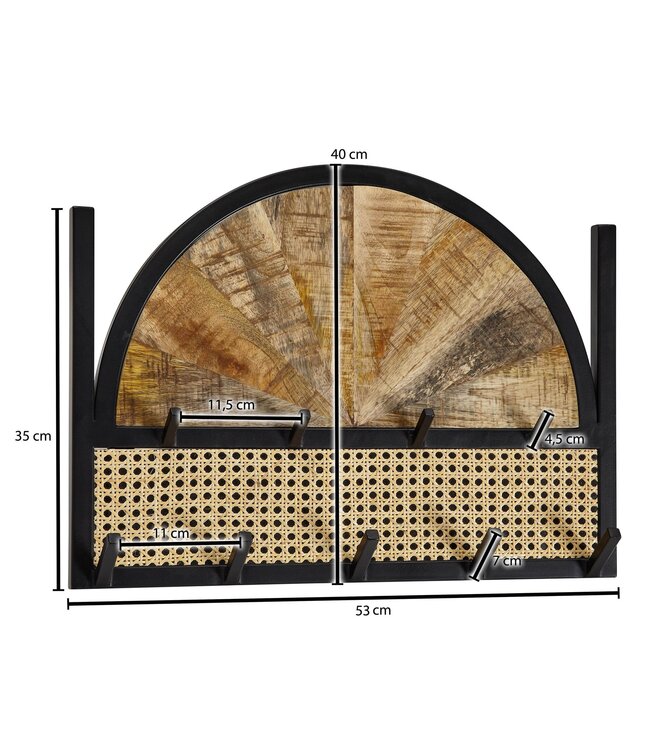 Wohnling Design Wandkapstok Mango Massief Hout en Rotan 53x40x7,5 cm | Haak Rail Metaal | Hal Kapstok Wand