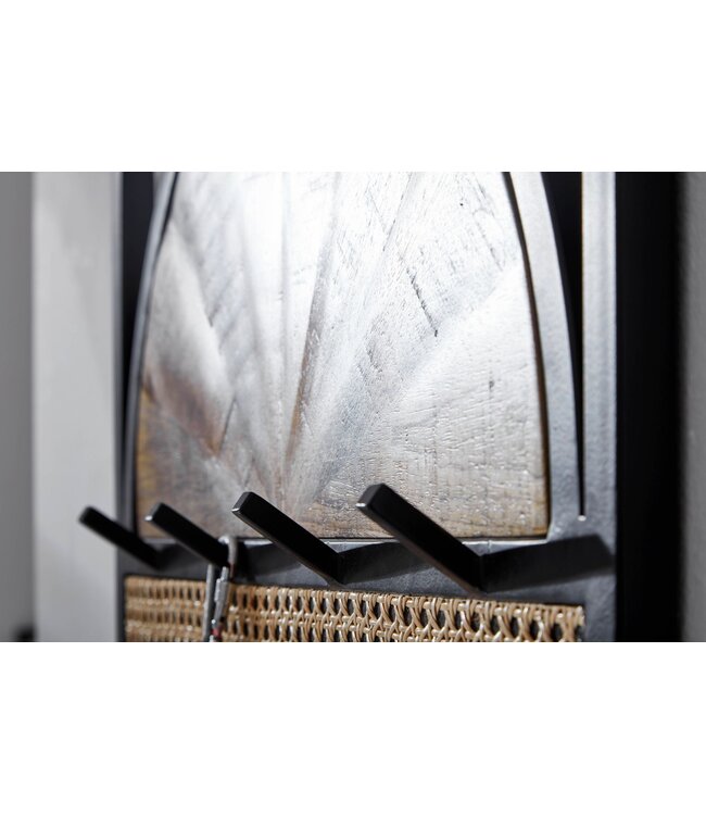 Wohnling Design Wandkapstok Mango Massief Hout en Rotan 53x40x7,5 cm | Haak Rail Metaal | Hal Kapstok Wand