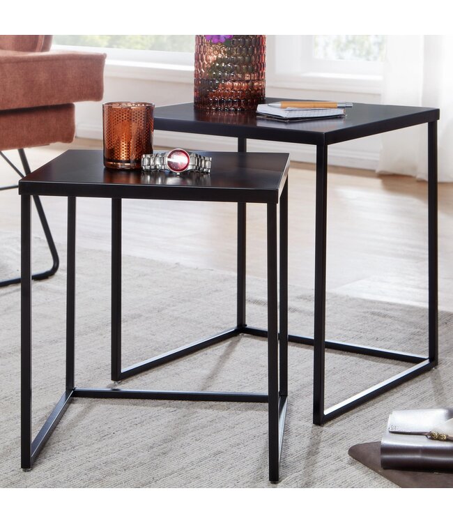Wohnling Tafel Set Metaal Salontafel set van 2 Vierkant Zwart Industrieel | Tafel Woonkamer Bijzettafel | Moderne Nesttafel Metalen Tafel