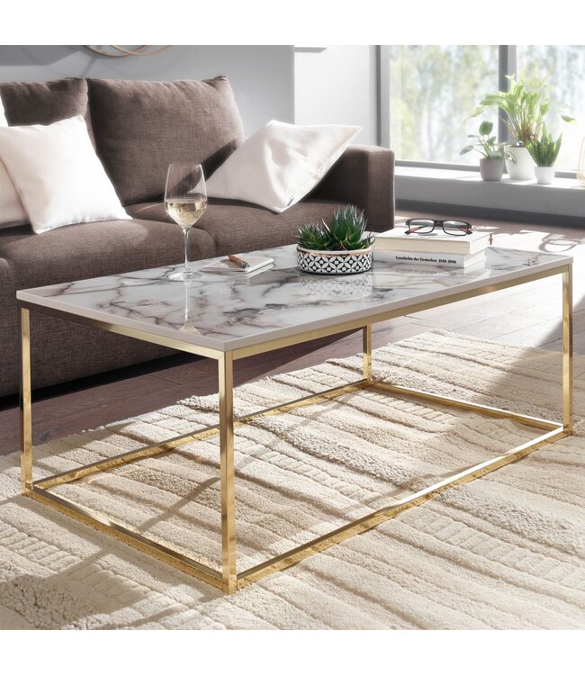 Wohnling Koffietafel 100x60x40 cm met Marmer Look Wit / Goud Rechthoekige Salontafel | Tafel Woonkamer Moderne | Lage Bijzettafel Woonkamertafel