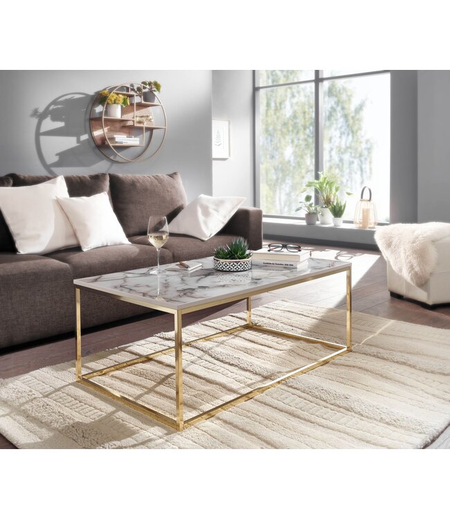 Wohnling Koffietafel 100x60x40 cm met Marmer Look Wit / Goud Rechthoekige Salontafel | Tafel Woonkamer Moderne | Lage Bijzettafel Woonkamertafel