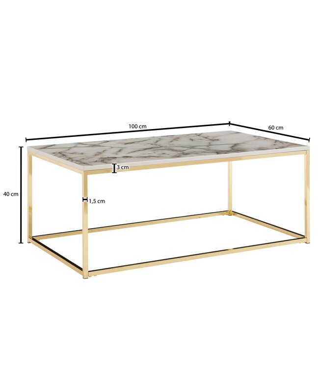 Wohnling Koffietafel 100x60x40 cm met Marmer Look Wit / Goud Rechthoekige Salontafel | Tafel Woonkamer Moderne | Lage Bijzettafel Woonkamertafel