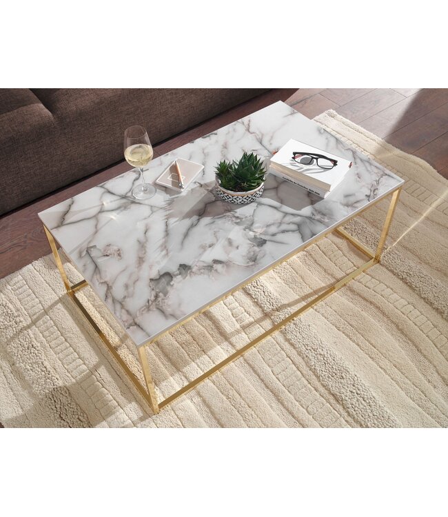 Wohnling Koffietafel 100x60x40 cm met Marmer Look Wit / Goud Rechthoekige Salontafel | Tafel Woonkamer Moderne | Lage Bijzettafel Woonkamertafel