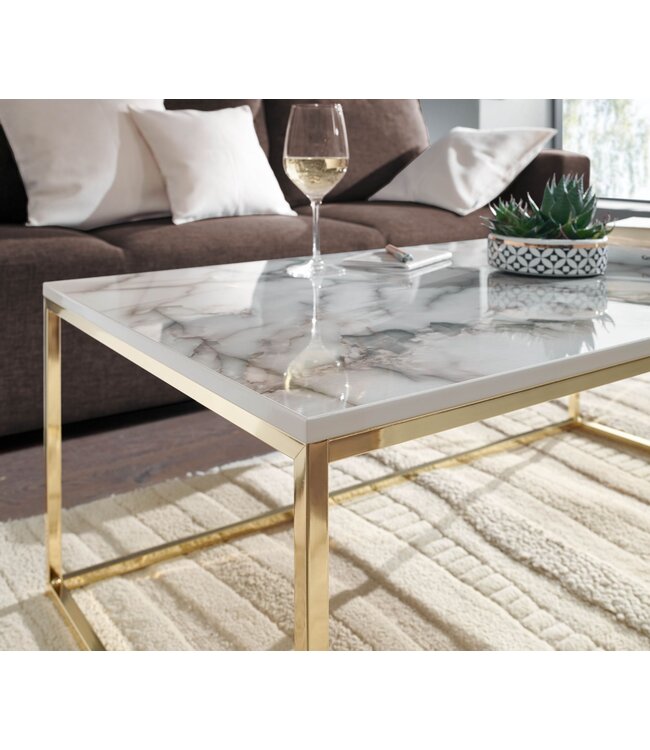 Wohnling Koffietafel 100x60x40 cm met Marmer Look Wit / Goud Rechthoekige Salontafel | Tafel Woonkamer Moderne | Lage Bijzettafel Woonkamertafel