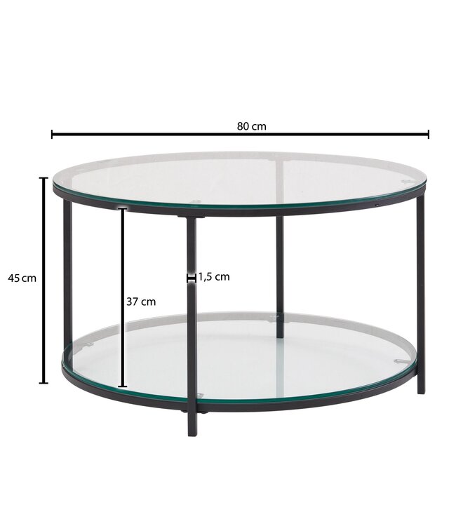 Wohnling Koffietafel Glazen en Metaal 80x80x45 cm Ronde Salontafel | Tafel Woonkamer Moderne met Opbergruimte | Lage Bijzettafel Woonkamertafel