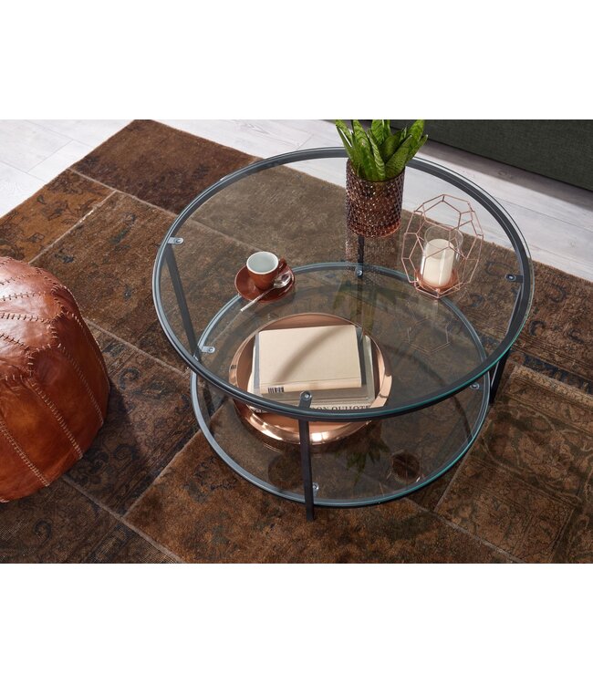 Wohnling Koffietafel Glazen en Metaal 80x80x45 cm Ronde Salontafel | Tafel Woonkamer Moderne met Opbergruimte | Lage Bijzettafel Woonkamertafel