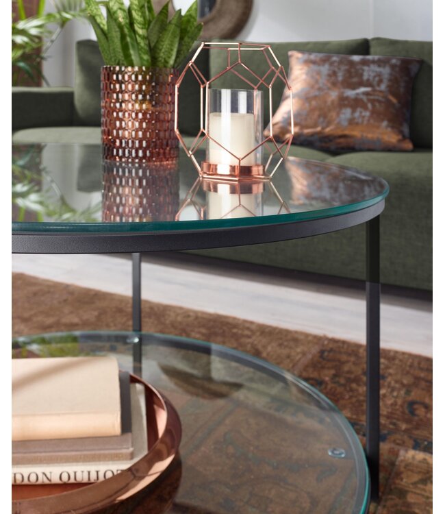 Wohnling Koffietafel Glazen en Metaal 80x80x45 cm Ronde Salontafel | Tafel Woonkamer Moderne met Opbergruimte | Lage Bijzettafel Woonkamertafel