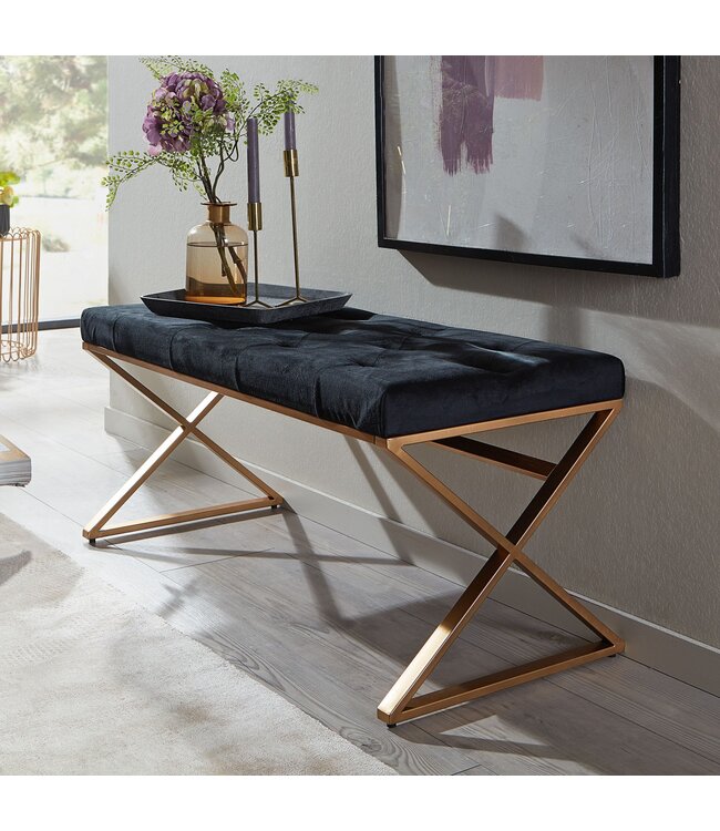 Wohnling Bank Fluweel Zwart 90x46x44 cm Gang Gestoffeerde Bank met Metalen Frame | Bedbank Slaapkamer Chesterfield Design | Gangbank Garderobebank Modern