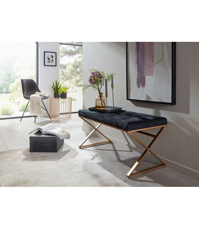 Wohnling Bank Fluweel Zwart 90x46x44 cm Gang Gestoffeerde Bank met Metalen Frame | Bedbank Slaapkamer Chesterfield Design | Gangbank Garderobebank Modern