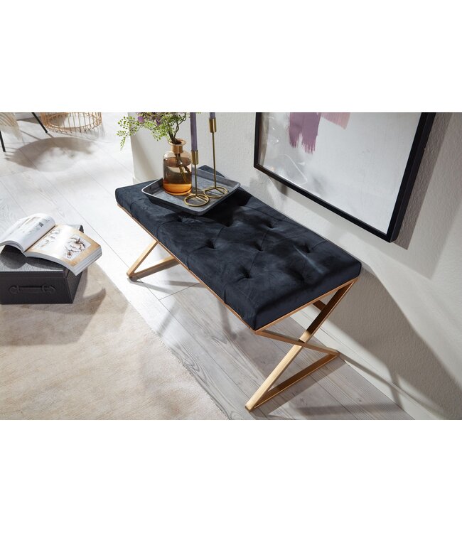 Wohnling Bank Fluweel Zwart 90x46x44 cm Gang Gestoffeerde Bank met Metalen Frame | Bedbank Slaapkamer Chesterfield Design | Gangbank Garderobebank Modern
