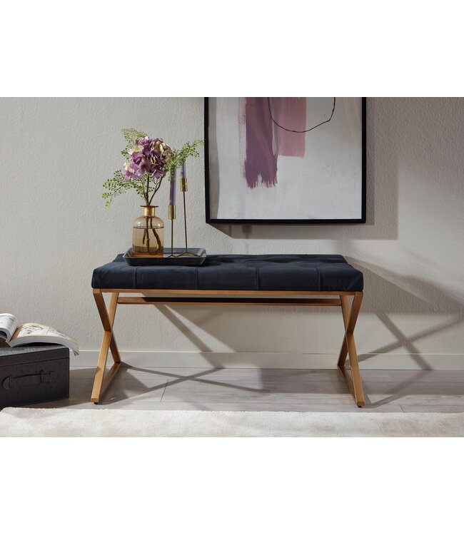 Wohnling Bank Fluweel Zwart 90x46x44 cm Gang Gestoffeerde Bank met Metalen Frame | Bedbank Slaapkamer Chesterfield Design | Gangbank Garderobebank Modern