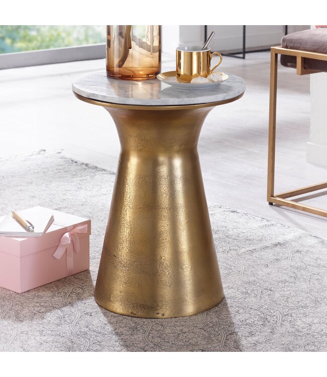 Wohnling Bijzettafel Echt Marmer en Metaal 35x35x45 cm Salontafel Wit Goud | Ronde Dienblad Tafel Woonkamer Moderne | Koffietafel Woonkamertafel Hoog