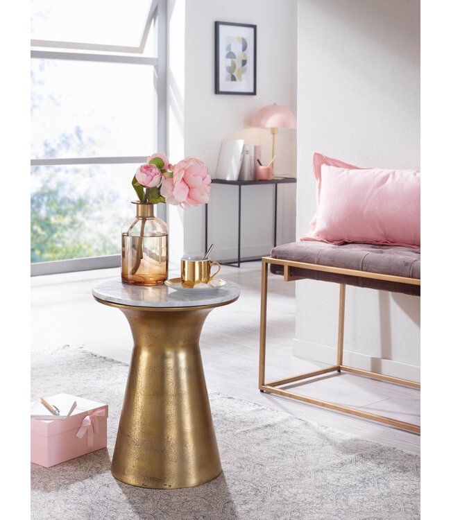 Wohnling Bijzettafel Echt Marmer en Metaal 35x35x45 cm Salontafel Wit Goud | Ronde Dienblad Tafel Woonkamer Moderne | Koffietafel Woonkamertafel Hoog