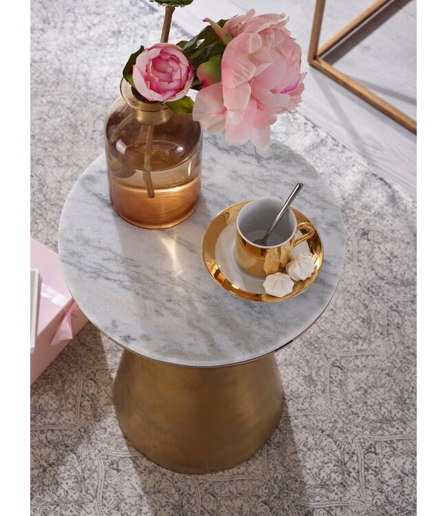 Wohnling Bijzettafel Echt Marmer en Metaal 35x35x45 cm Salontafel Wit Goud | Ronde Dienblad Tafel Woonkamer Moderne | Koffietafel Woonkamertafel Hoog