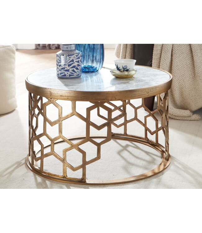 Wohnling Koffietafel Echt Marmer en Metaal 60x60x36 cm Salontafel Wit Goud | Tafel Woonkamer Rond | Woonkamertafel Modern | Kleine Bijzettafel