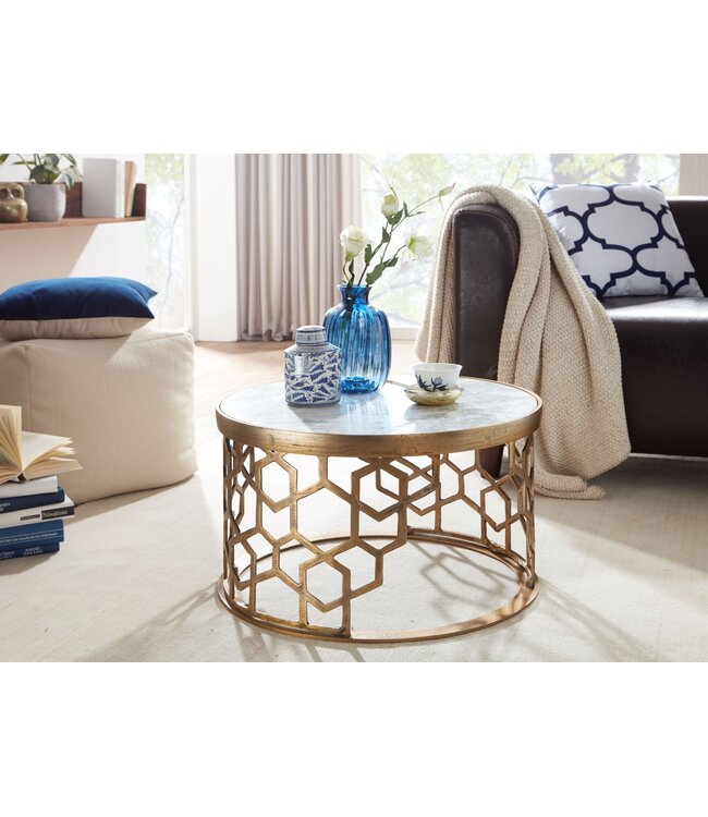 Wohnling Koffietafel Echt Marmer en Metaal 60x60x36 cm Salontafel Wit Goud | Tafel Woonkamer Rond | Woonkamertafel Modern | Kleine Bijzettafel
