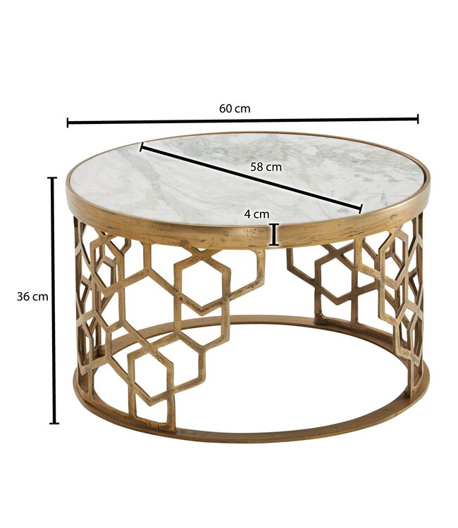 Wohnling Koffietafel Echt Marmer en Metaal 60x60x36 cm Salontafel Wit Goud | Tafel Woonkamer Rond | Woonkamertafel Modern | Kleine Bijzettafel