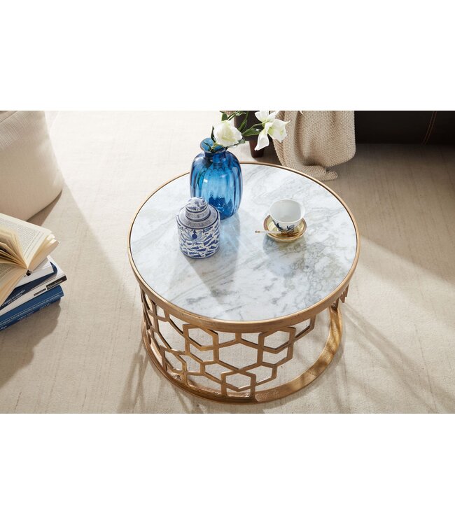 Wohnling Koffietafel Echt Marmer en Metaal 60x60x36 cm Salontafel Wit Goud | Tafel Woonkamer Rond | Woonkamertafel Modern | Kleine Bijzettafel