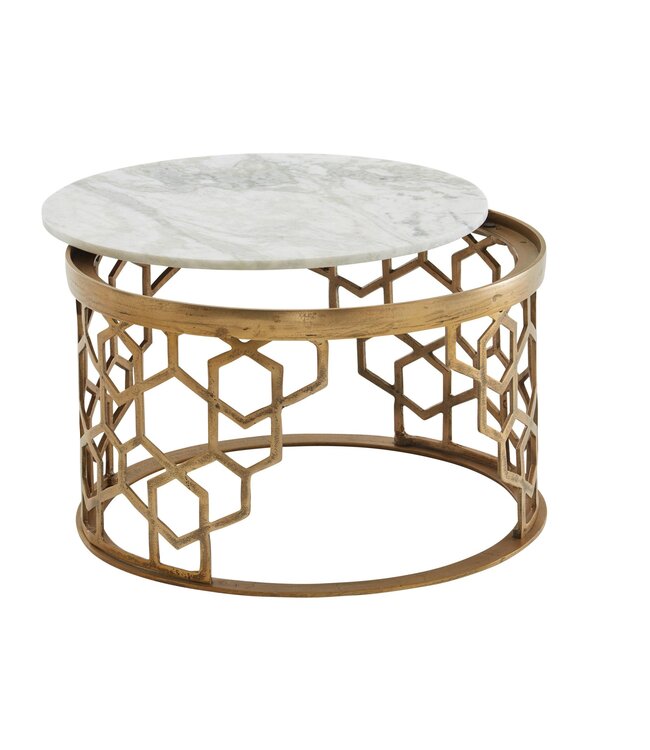 Wohnling Koffietafel Echt Marmer en Metaal 60x60x36 cm Salontafel Wit Goud | Tafel Woonkamer Rond | Woonkamertafel Modern | Kleine Bijzettafel