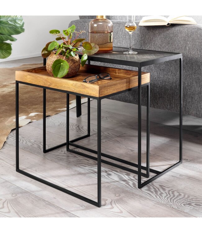 Wohnling salontafel set van 2 mango massief hout / steenlook bijzettafel vierkant | Design bijzettafel Industrieel | Salontafel Rechthoekige salontafel | Placemat 2-delige nesttafel